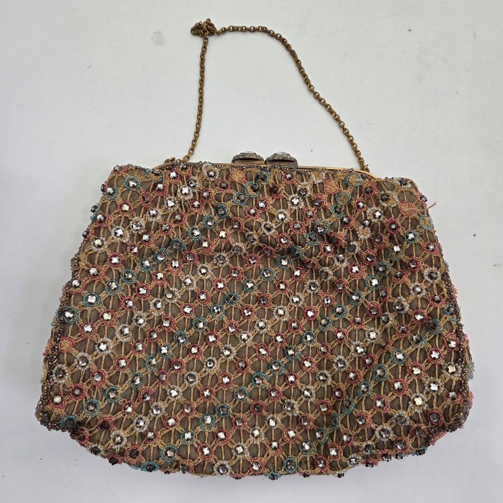 Vintage Small Tan Rainbow Chain Beaded Silk Lined Clutch Evening Glamour Bag